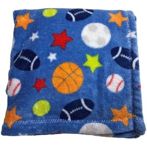 BabyGear Blue Sports Themed Baby Blanket Soft Fleece Lovey Boy Balls Star‎ 30x40